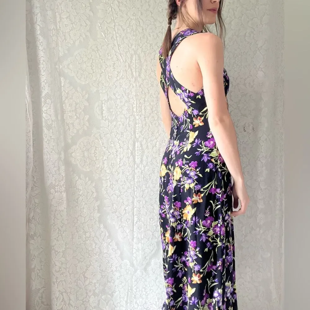 Vintage 80s All That Jazz Black Floral Midi Dress Crisscross Back Size 7/8 - Picture 10 of 16